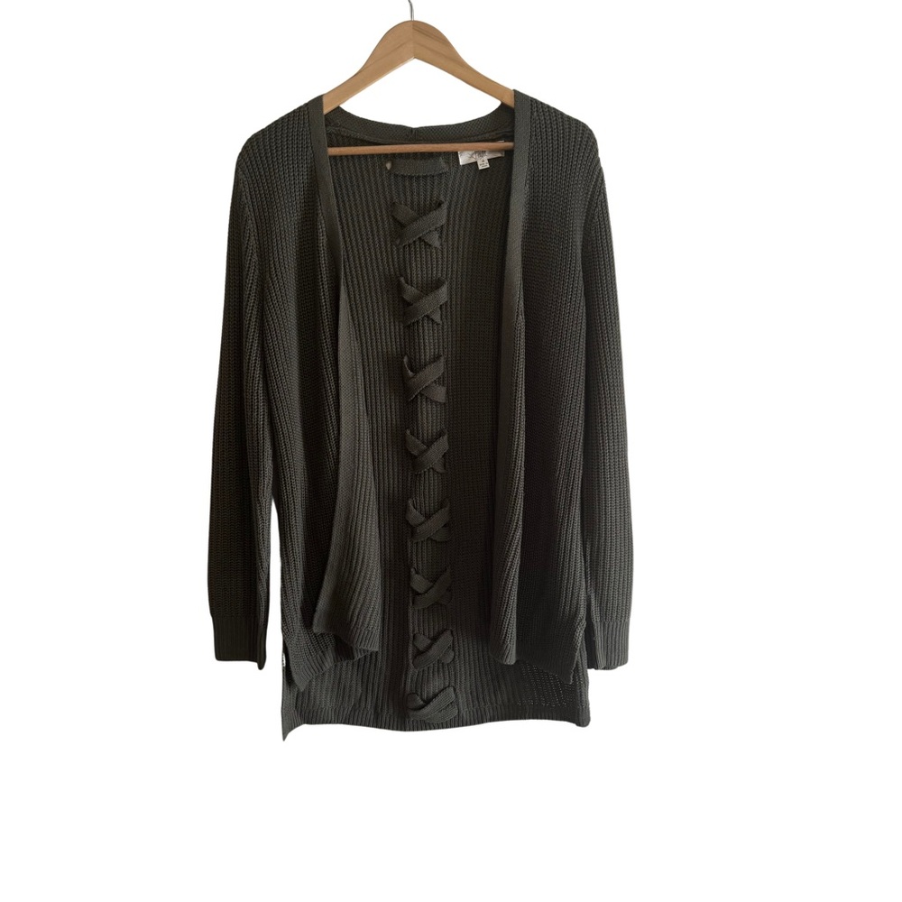 PINQUE JAMELYA LATTICE BACK CARDIGAN SWEATER Women's Size Medium Moss Green